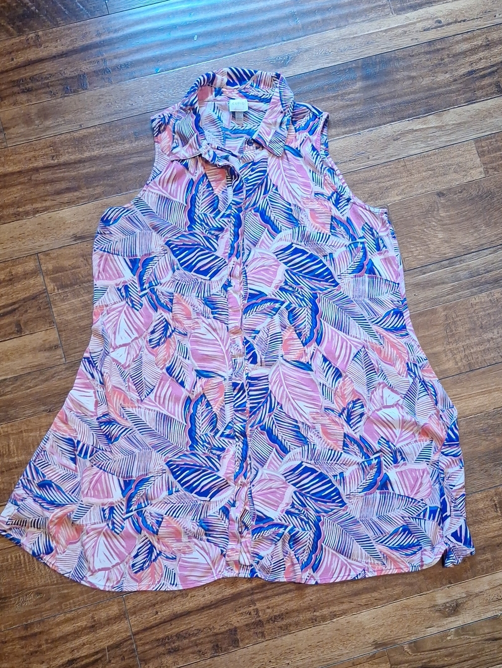 Cupio Lightweight Leaf Print  Swing Dress XL Coral Pink and  Blue Sleeveless
